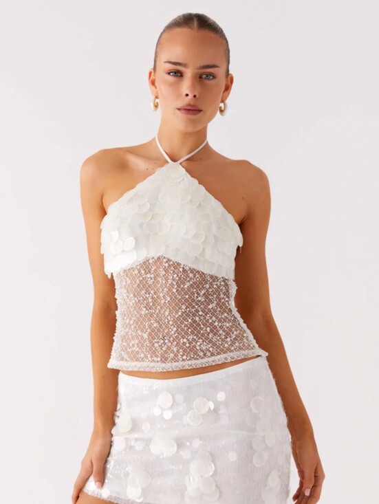 Peppermayo Tops - NWT Peppermayo Shelly White Halter Beaded Mesh Crop Top | Xsmall